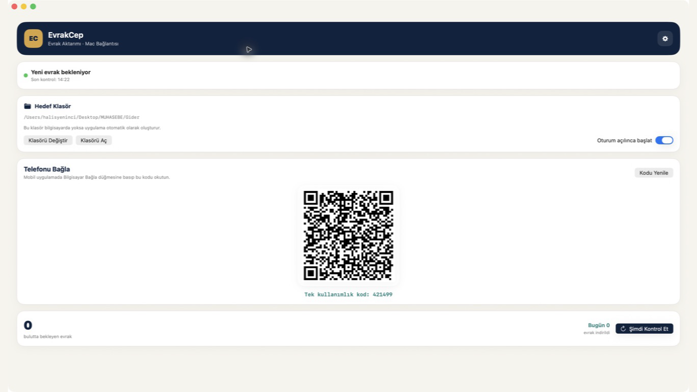 EvrakCep desktop application with QR pairing and destination folder